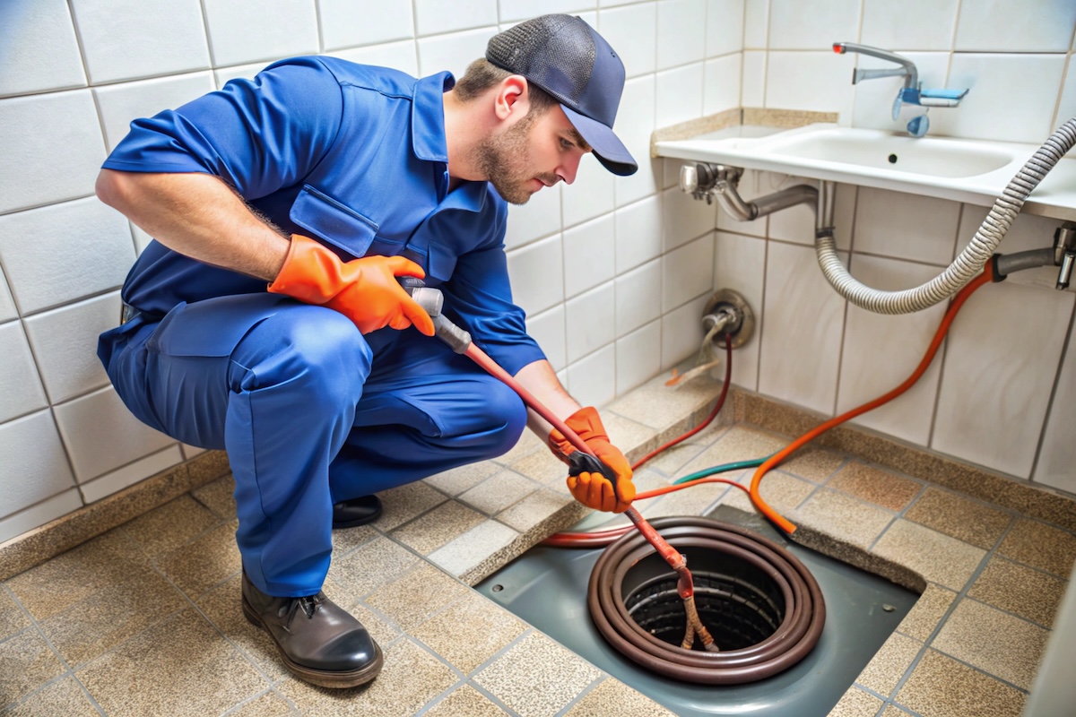 technician unclogging drain with snake or plunger